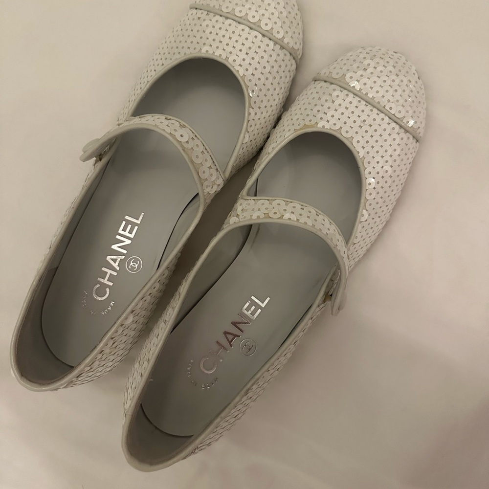 Chanel White Sequin Mary Janes - Picture 2 of 7